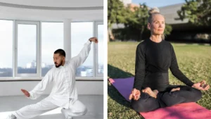 Balance after 50 is demonstrated by a mature Asian man in a white uniform practicing a dynamic Tai Chi pose and a mature Caucasian woman with grey hair in black athletic wear sitting in a calm yoga meditation pose.