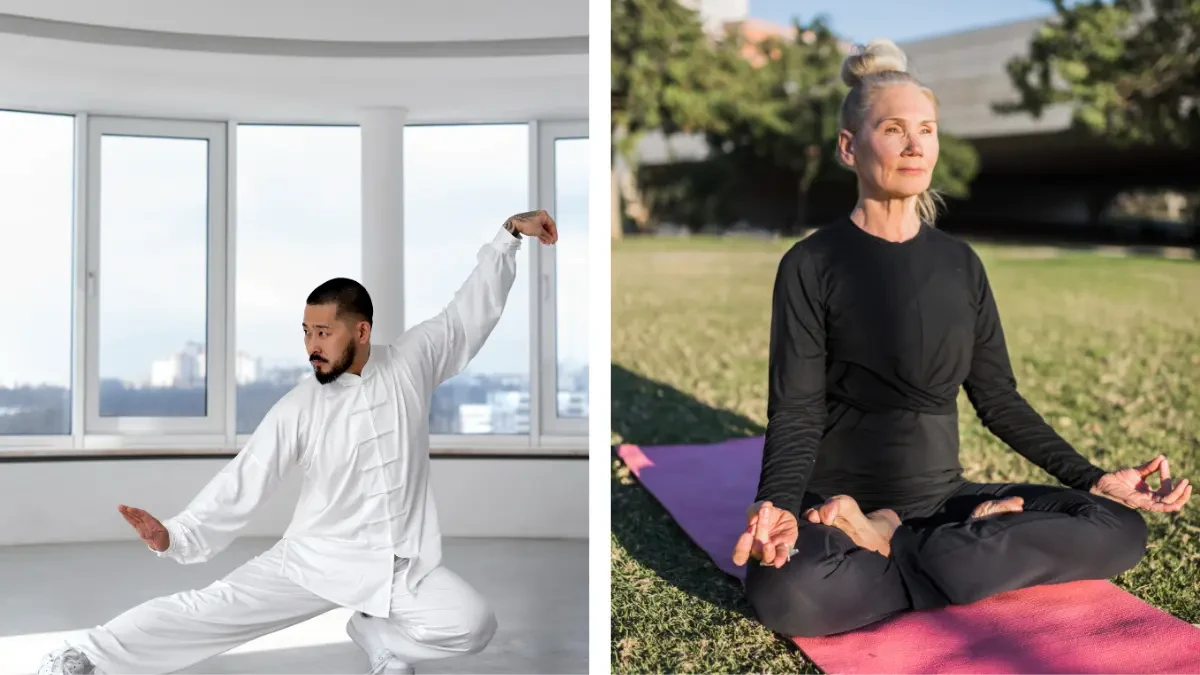 Balance after 50 is demonstrated by a mature Asian man in a white uniform practicing a dynamic Tai Chi pose and a mature Caucasian woman with grey hair in black athletic wear sitting in a calm yoga meditation pose.