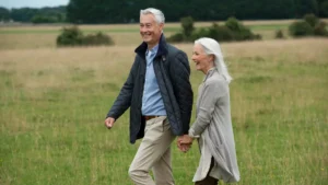 Mature couple walking outdoors in morning light to support immunosenescence recovery and vitality.