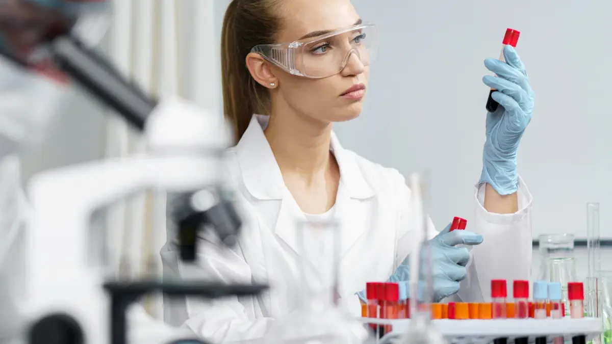 The 4 Blood Tests to Request by Name
Lab technician in white coat and safety glasses carefully reviews a blood sample vial surrounded by multiple test tubes in a medical laboratory.