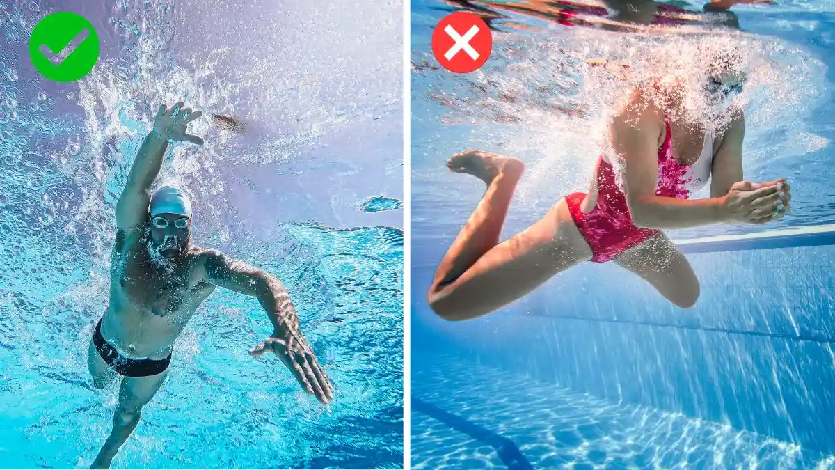 Split screen comparison showing the best and worst swimming strokes for knee osteoarthritis; the left side shows a man performing a freestyle flutter kick with a green checkmark, and the right side shows a woman performing a wide breaststroke whip kick with a red X.
