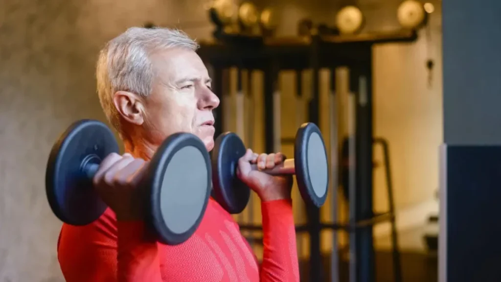 Silver-haired man in his early 60s performing a dumbbell curl at the gym, mid-rep and focused, using resistance training to build lean muscle and counter age-related bone density loss.