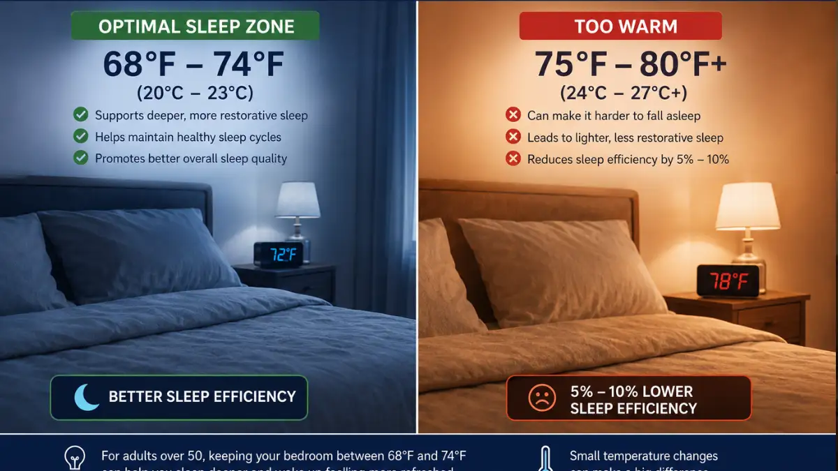 Cool bedroom at 72°F displays better sleep efficiency versus warm bedroom at 78°F showing 5–10% lower sleep efficiency after 50.