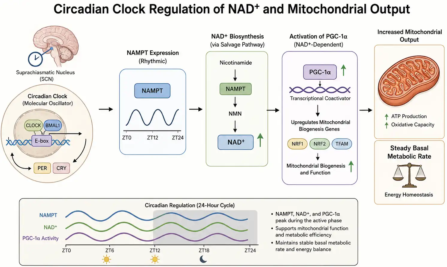 Detailed biological flow chart showing circadian clock regulation of NAMPT and NAD+ biosynthesis to activate PGC-1α for increased mitochondrial output and a steady basal metabolic rate.