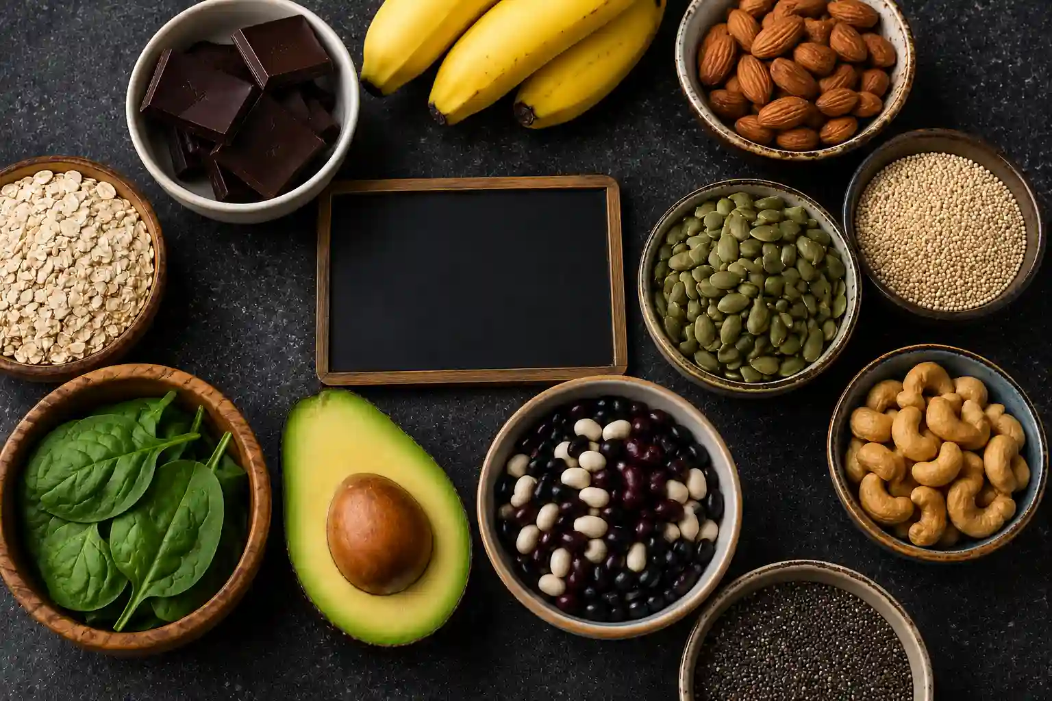 A collection of magnesium-rich foods including spinach, pumpkin seeds, and avocado to support sleep regulation and metabolic heat production.