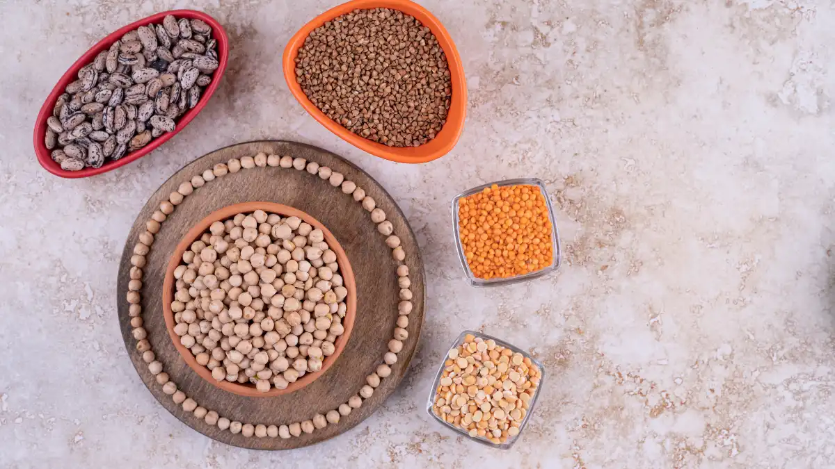 A variety of dry plant proteins including chickpeas and red lentils to support muscle mass and manage IGF-1 levels after 50.