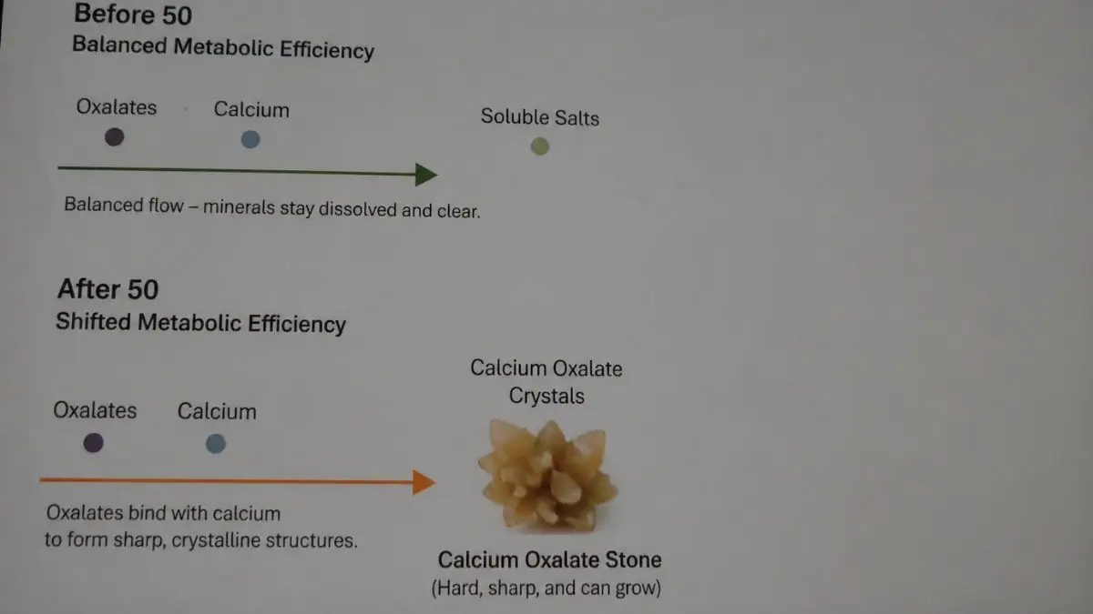 Diagram illustrating shifted metabolic efficiency after 50, where oxalates bind with calcium to create sharp crystalline structures known as calcium oxalate stones.