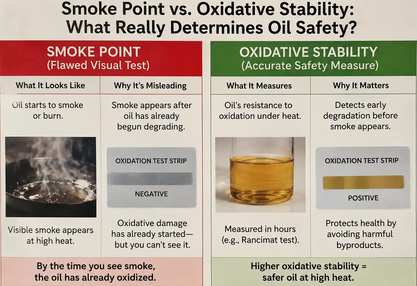Comparison diagram showing smoke point as a flawed visual test that misses early oil oxidation, versus oxidative stability as the accurate chemical measure of cooking oil safety under heat.