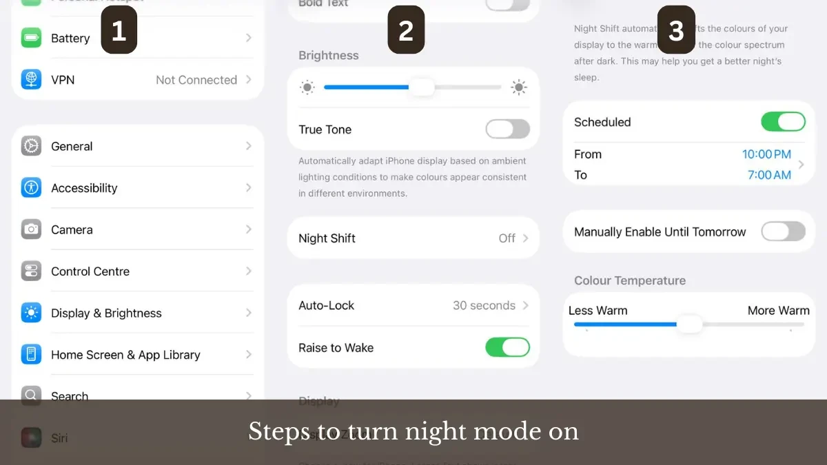iPhone settings showing 3 steps to enable Night Shift under Display & Brightness, scheduled from 10:00 PM to 7:00 AM automatically.
