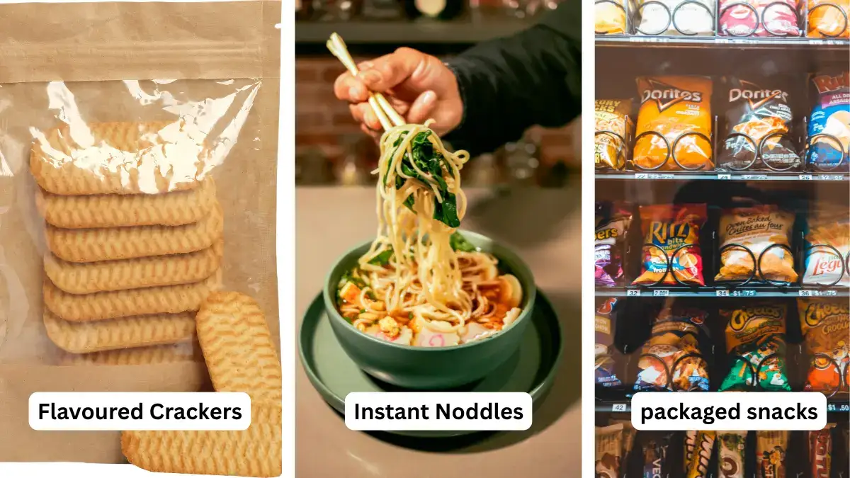 A three-panel infographic showcasing ultra-processed foods including flavored crackers in plastic packaging, a bowl of instant noodles, and a vending machine filled with packaged snacks. Each panel is labeled to illustrate examples of NOVA Group 4 processed foods.