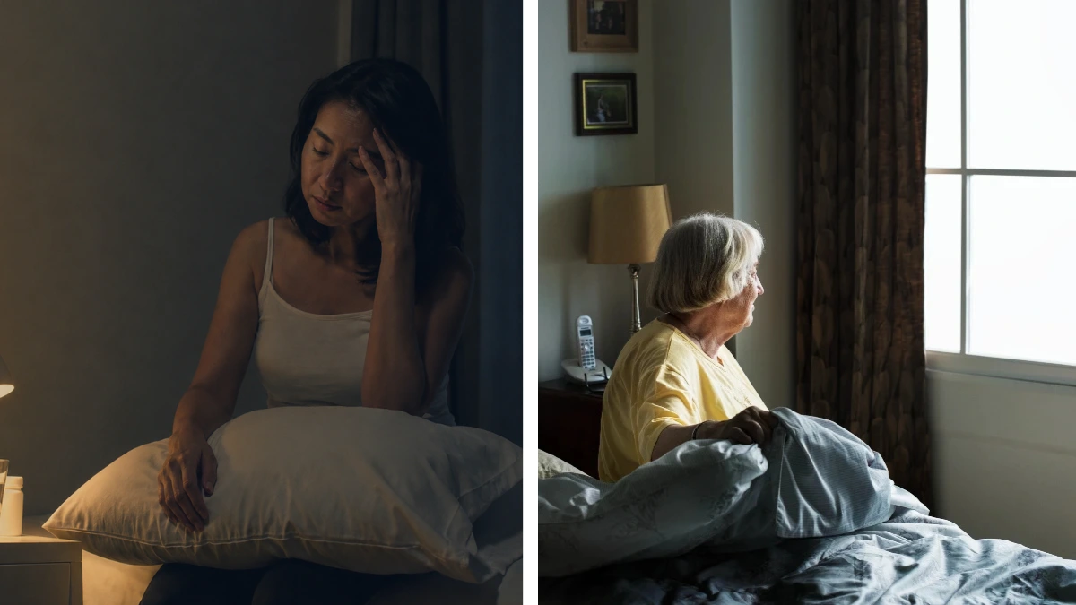 Two women unable to sleep — one waking at night from heat and discomfort, the other waking early due to morning light coming through bedroom window.