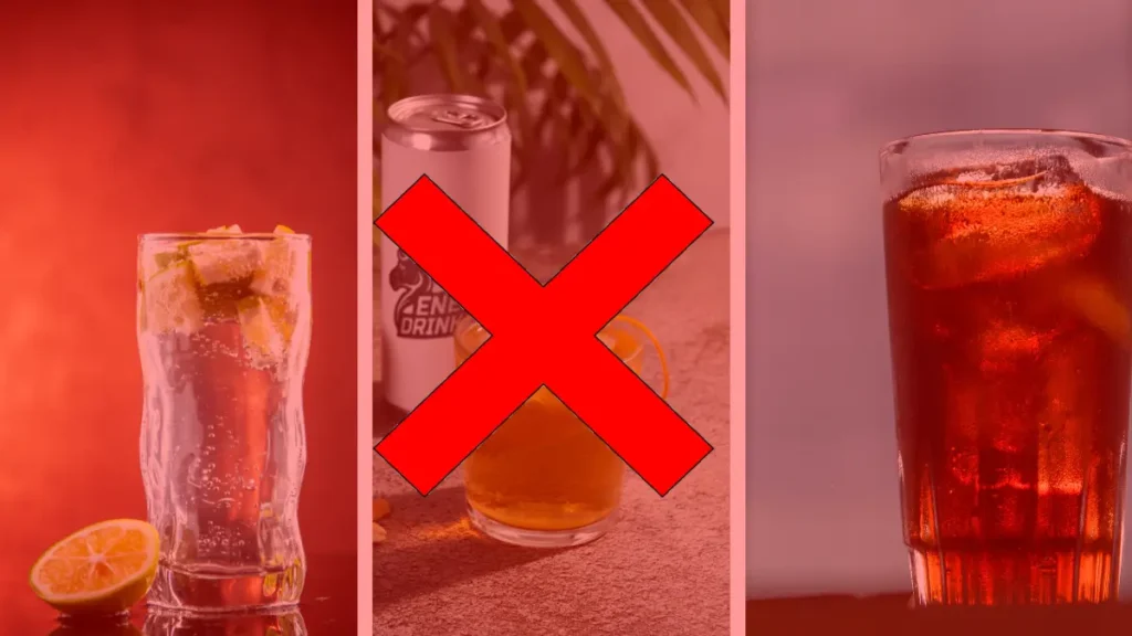 Three drinks side by side: a cocktail, an energy drink with a red X, and iced tea, warning against high-fructose beverages.