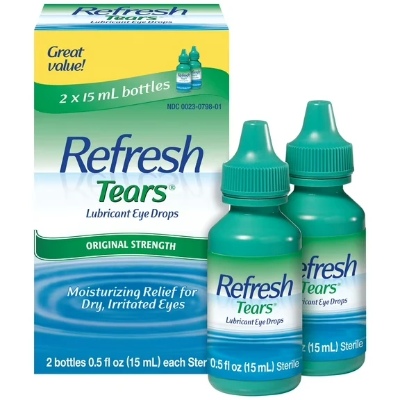 Two bottles of Refresh Tears preservative-free lubricant eye drops for relieving dry, burning eyes caused by screen use.