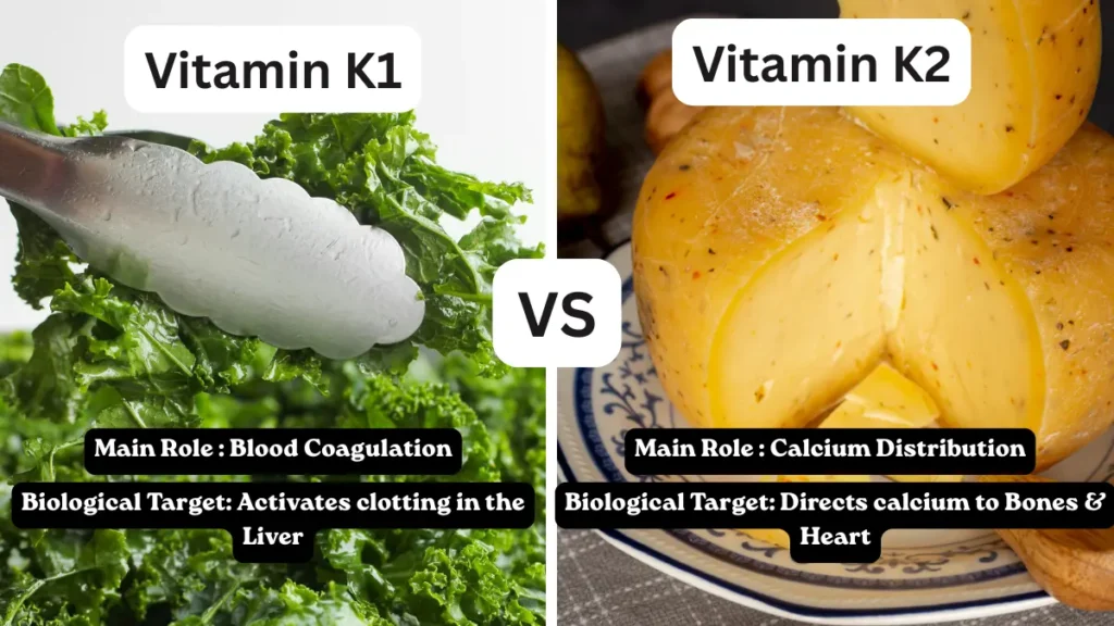 Comparison of vitamin K1 in kale for blood clotting vs vitamin K2 in aged cheese for directing calcium into the bone matrix and heart.
