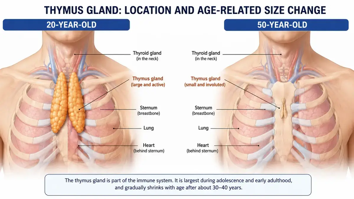 Diagram illustrating thymus gland size change from large at 20 to involuted at 50, showing reduced T-cell production with age.
