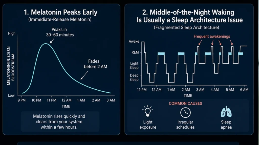 Chart showing melatonin clears within hours; middle-of-night waking linked to sleep architecture, not melatonin deficit.
