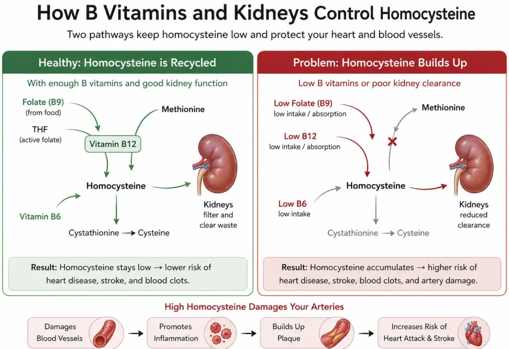 Diagram comparing healthy homocysteine recycling via B vitamins and kidneys against buildup causing artery damage and heart attack risk.