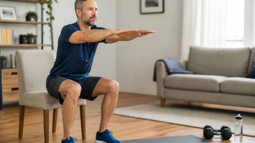 Mature man performing a controlled chair squat to build muscle and increase metabolic heat production.