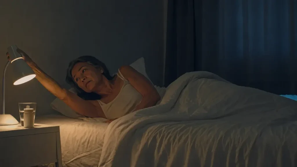 Middle-aged woman awake at night reaching for lamp, unable to sleep due to menopause hot flashes and heat disruption.