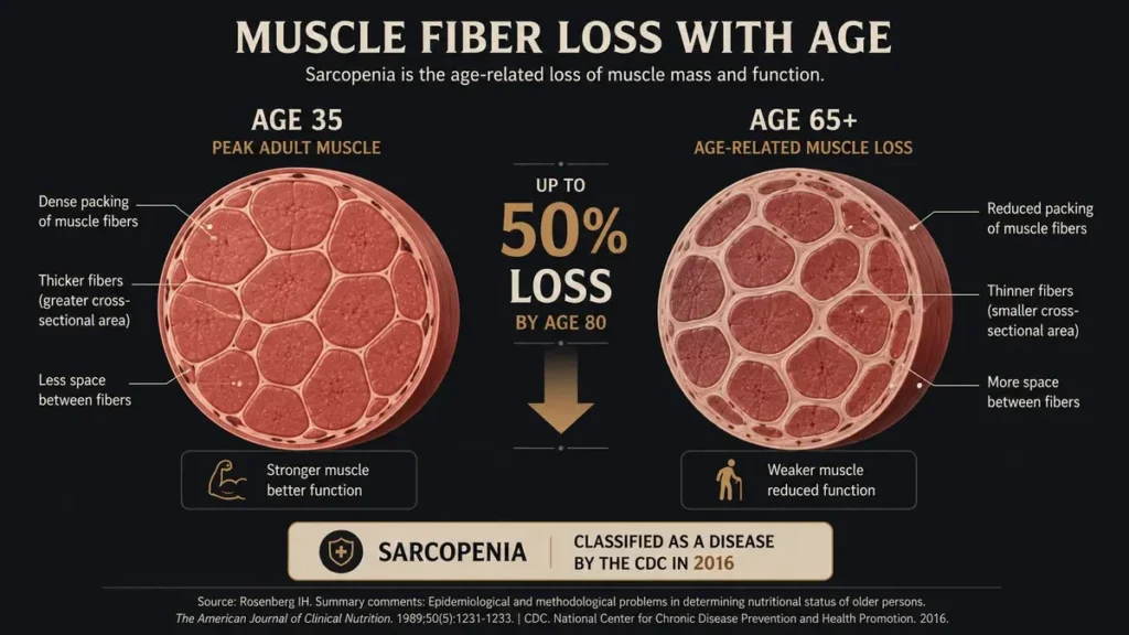 Infographic showing muscle fiber loss with age comparing age 35 and 65, illustrating sarcopenia and up to 50 percent muscle loss by age 80