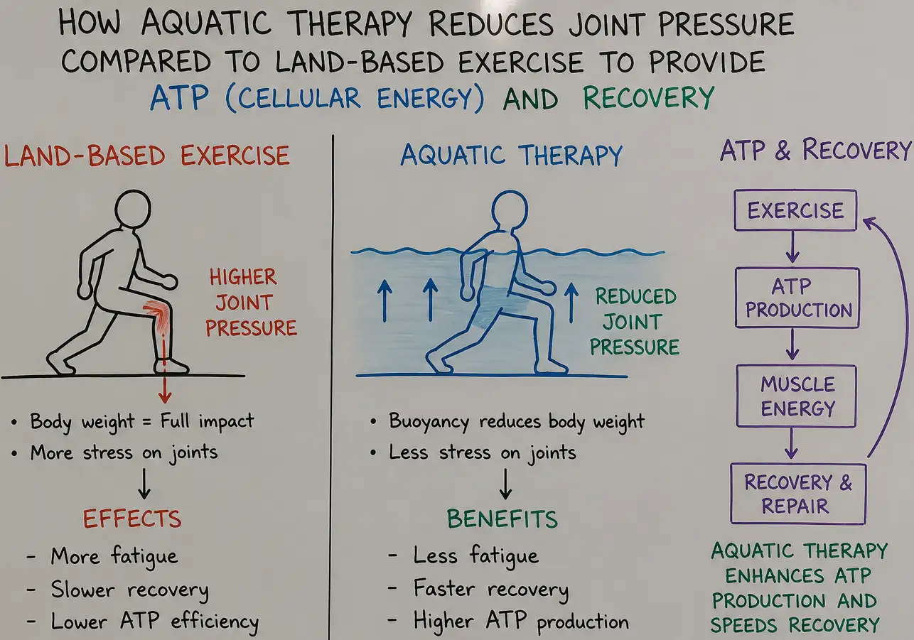 Diagram showing how aquatic therapy reduces joint pressure compared to land-based exercise to provide ATP cellular energy and recovery.