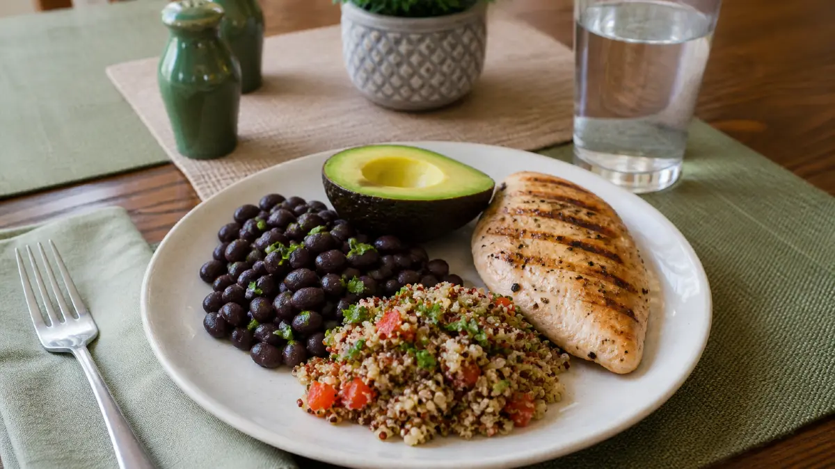 A balanced heart-healthy meal for one featuring grilled chicken, fiber-rich black beans, quinoa, and a fresh avocado half on a set dining table with a glass of water.