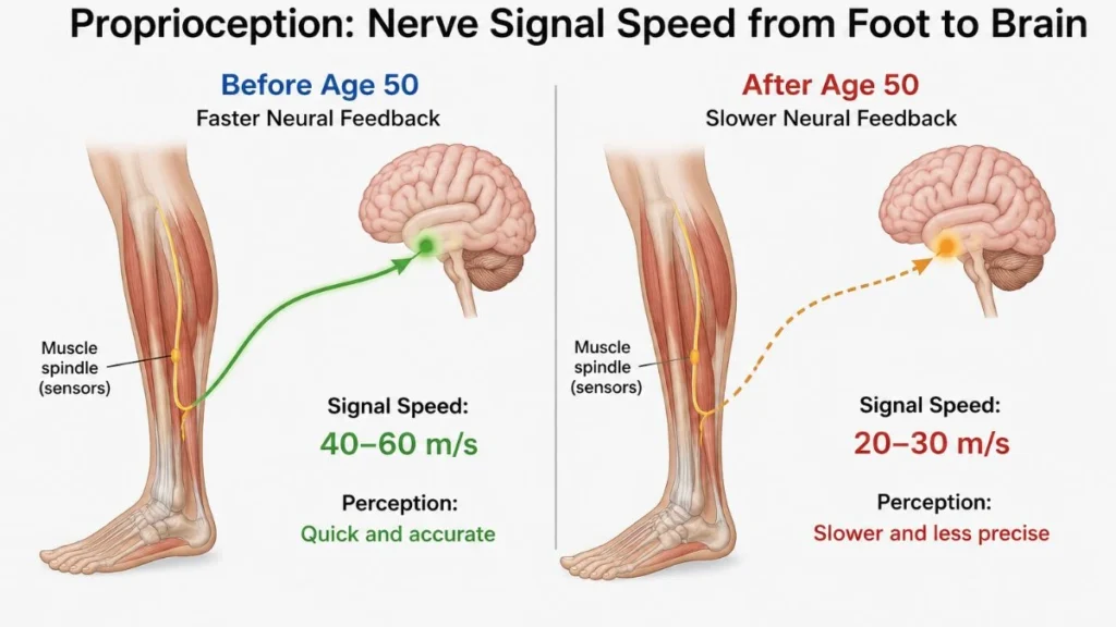 Diagram comparing proprioception nerve signal speed from foot to brain before and after age 50, showing muscle spindle sensors and signal speeds dropping from 40–60 m/s to 20–30 m/s with slower, less precise perception in older adults.