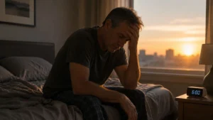Man in his early 50s sitting on the edge of his bed at dawn, head resting in his hand, as a 6:00 AM clock glows on the nightstand after another night of unrestored sleep.