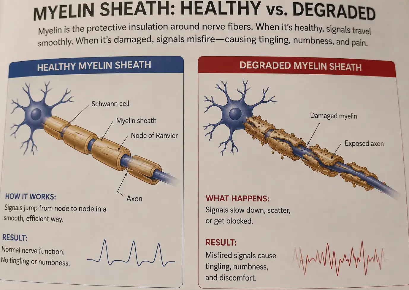 Diagram comparing a healthy myelin sheath on a nerve fiber against a degraded sheath causing misfired signals and peripheral tingling.