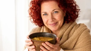 Woman in her early 50s cradling a steaming rustic bowl of golden bone broth in both hands, her expression calm and hopeful — the familiar morning ritual this article examines for gut healing after 50.
