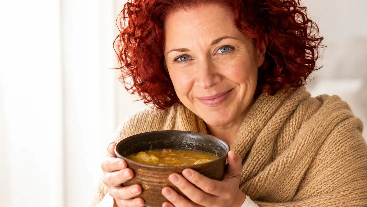 Woman in her early 50s cradling a steaming rustic bowl of golden bone broth in both hands, her expression calm and hopeful — the familiar morning ritual this article examines for gut healing after 50.