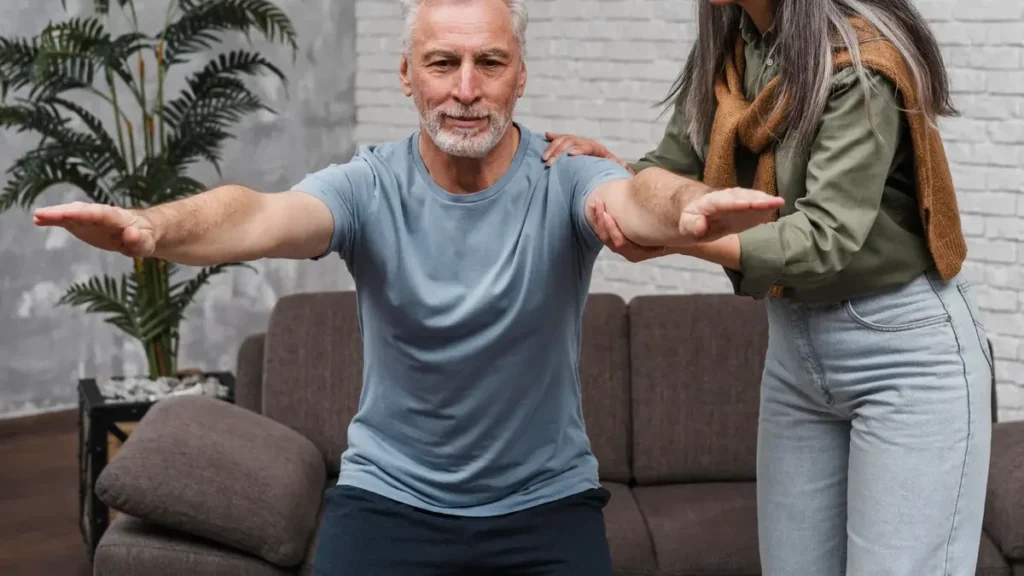   A man in his 50s practicing balance exercises at home with arms extended, assisted by a woman standing beside him.