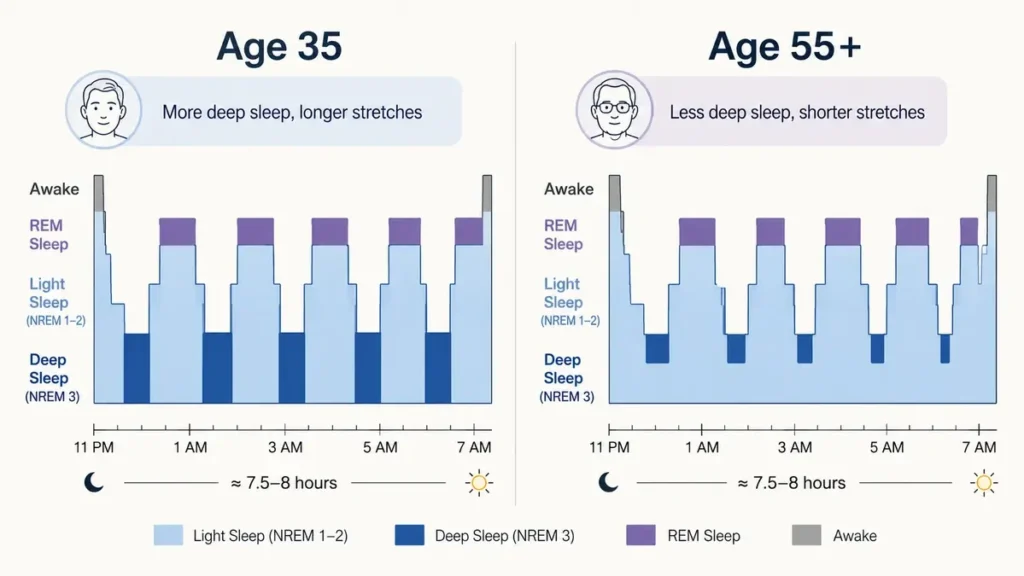 Sleep cycle comparison chart showing reduced deep sleep in adults over 55 versus age 35 — why sleep quality declines after 50.