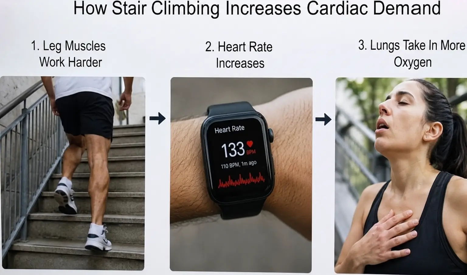 Diagram showing how stair climbing increases cardiac demand, with leg muscles, accelerating heart rate, and expanded lung oxygen intake shown in sequence.