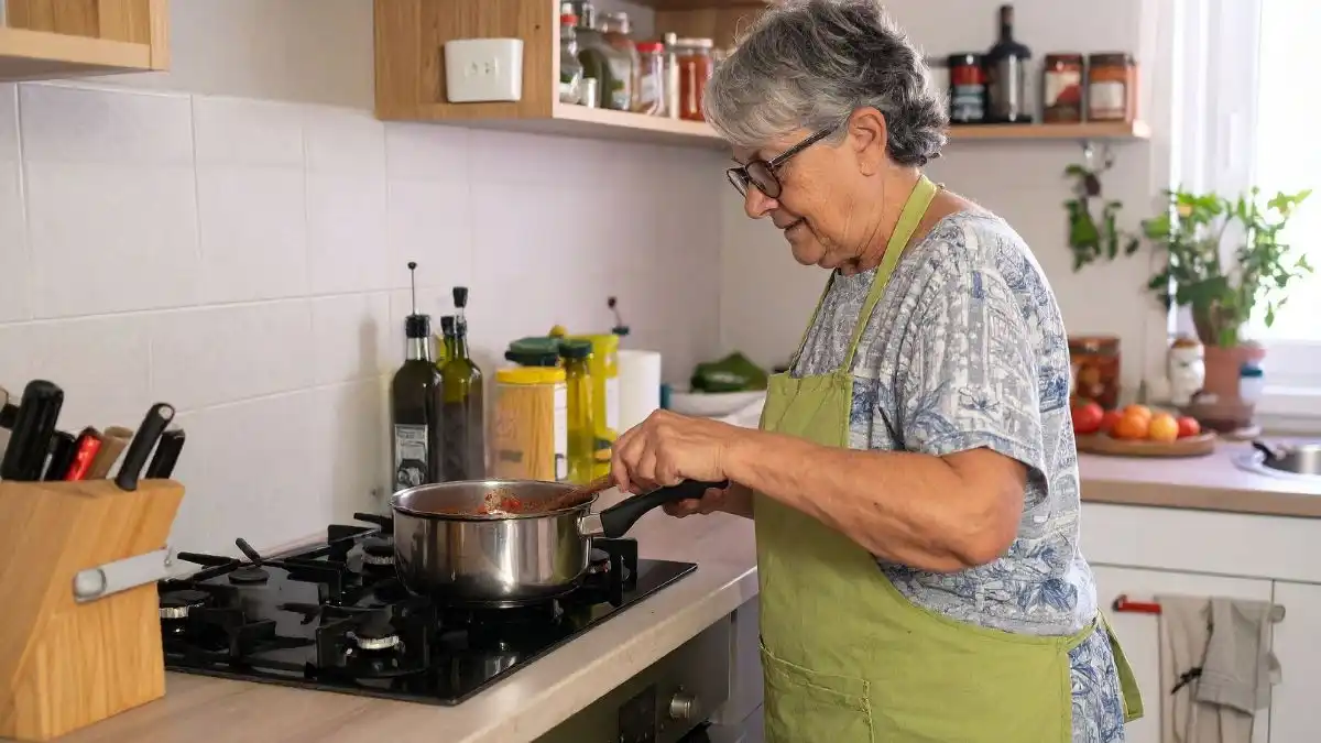 Woman in her late 60s stirring a sauce on a gas stovetop in a lived-in home kitchen, with olive oil bottles on the counter behind her, reflecting a daily Mediterranean-style cooking habit that supports reduced inflammation after 50.
