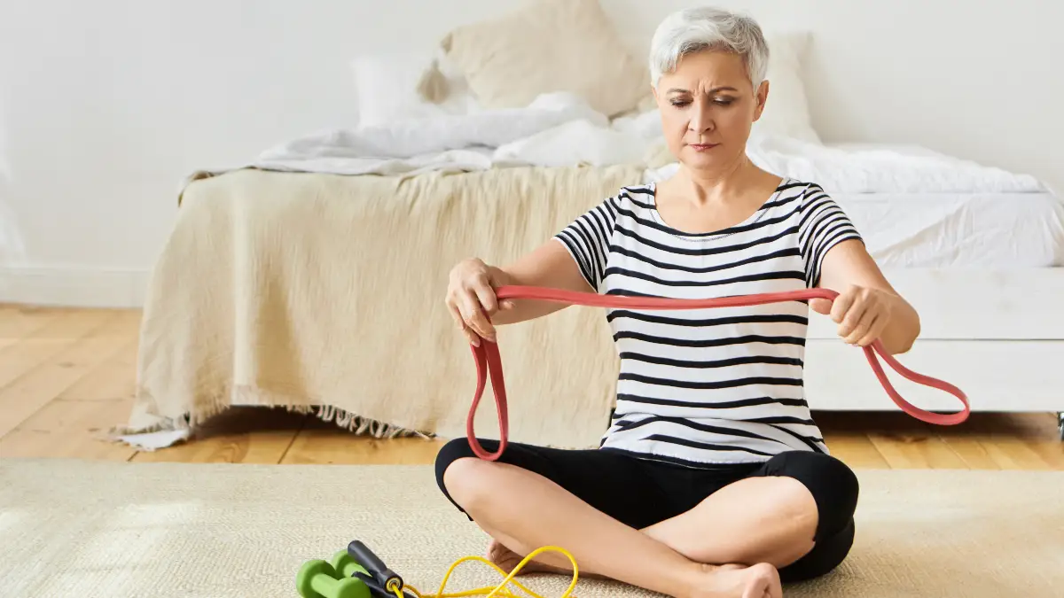 Mature woman pausing during exercise to consider the impacts of sarcopenia on physical independence.
