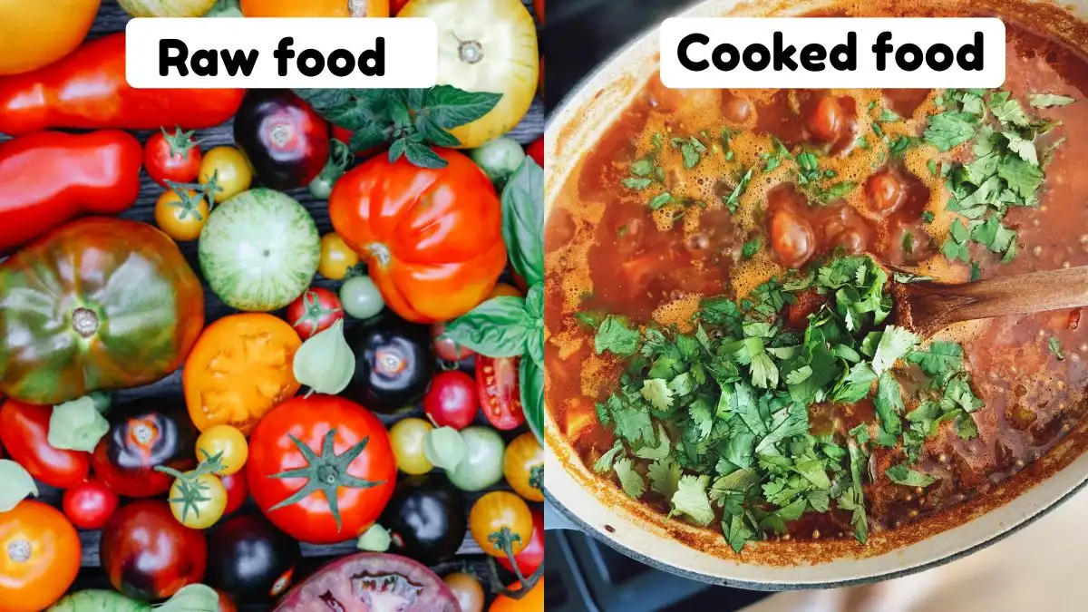 A collage of fresh raw heirloom tomatoes and a pot of simmering cooked tomato sauce with herbs.