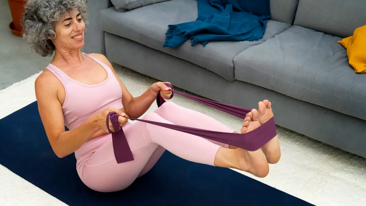 Woman in her 50s using a resistance band to safely manage cortisol levels and build strength.