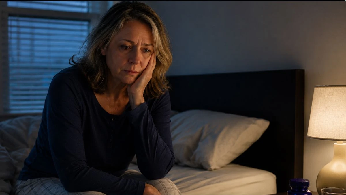 A tired middle-aged woman in pajamas sits awake in the dark on her bed, a supplement bottle on the nightstand beside her.