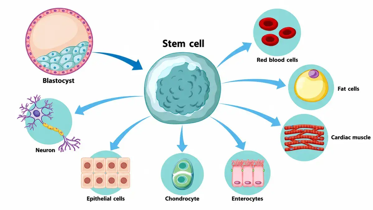 Diagram illustrating stem cell differentiation into muscle, blood, and nerve cells to explain stem cell exhaustion and inflammaging.