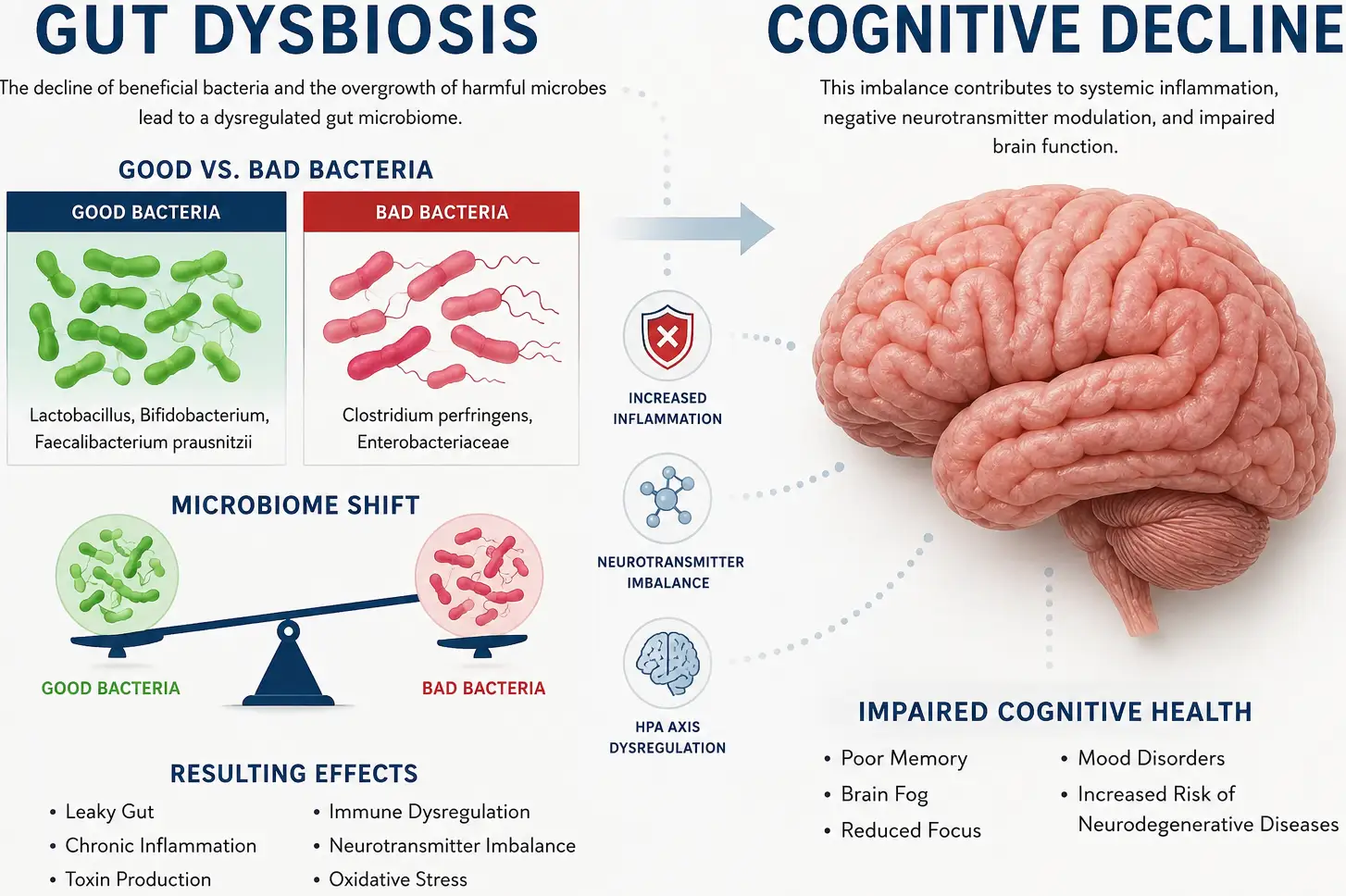 Medical illustration of gut dysbiosis showing the decline of beneficial bacteria to explain how microbiome shifts affect cognitive health.