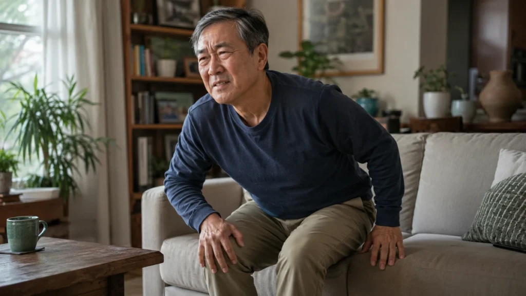 Man in his 60s pressing hands on knees while rising from sofa, experiencing the daily joint pain that drives people to seek knee pain relief.