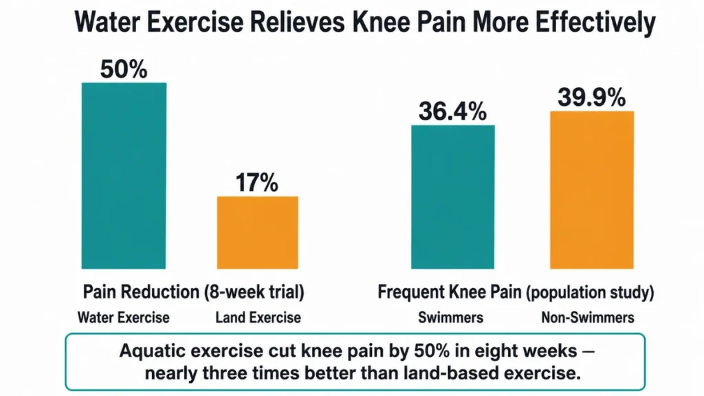 Bar chart comparing water exercise versus land exercise for knee pain relief, showing 50% pain reduction with water exercise versus 17% with land-based exercise over eight weeks.