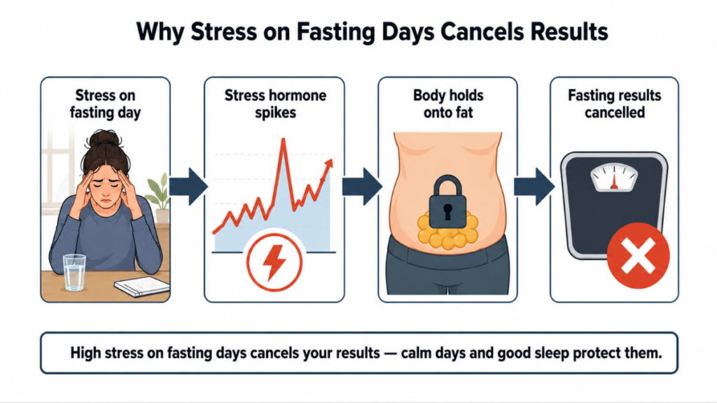 Process diagram of how stress on a fasting day spikes stress hormones, signals fat storage, and cancels fasting results, with arrows showing the direction of each stage.