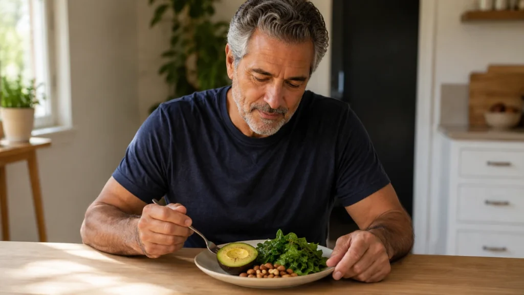 Man in his mid-50s eating a restricted-day plate of avocado, leafy greens, and nuts to support fasting-day fat metabolism.