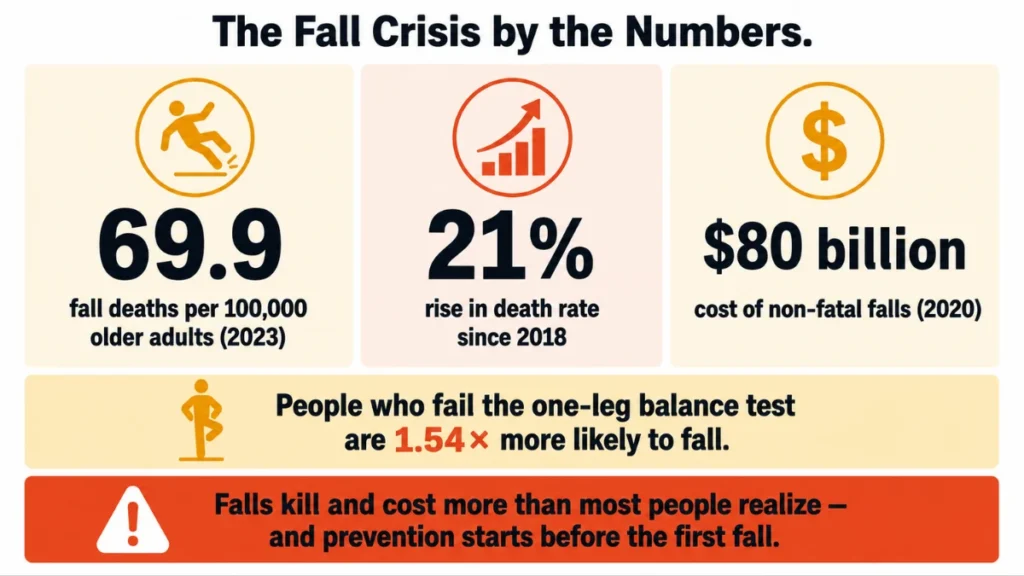 Data diagram of fall death rates and healthcare costs showing 69.9 deaths per 100,000 older adults and 1.54 times greater fall risk for those who fail the one-leg balance test.