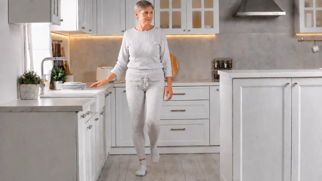 Woman in her 50s balancing on one leg near kitchen counter practicing single-leg training protocol for fall prevention after 50.