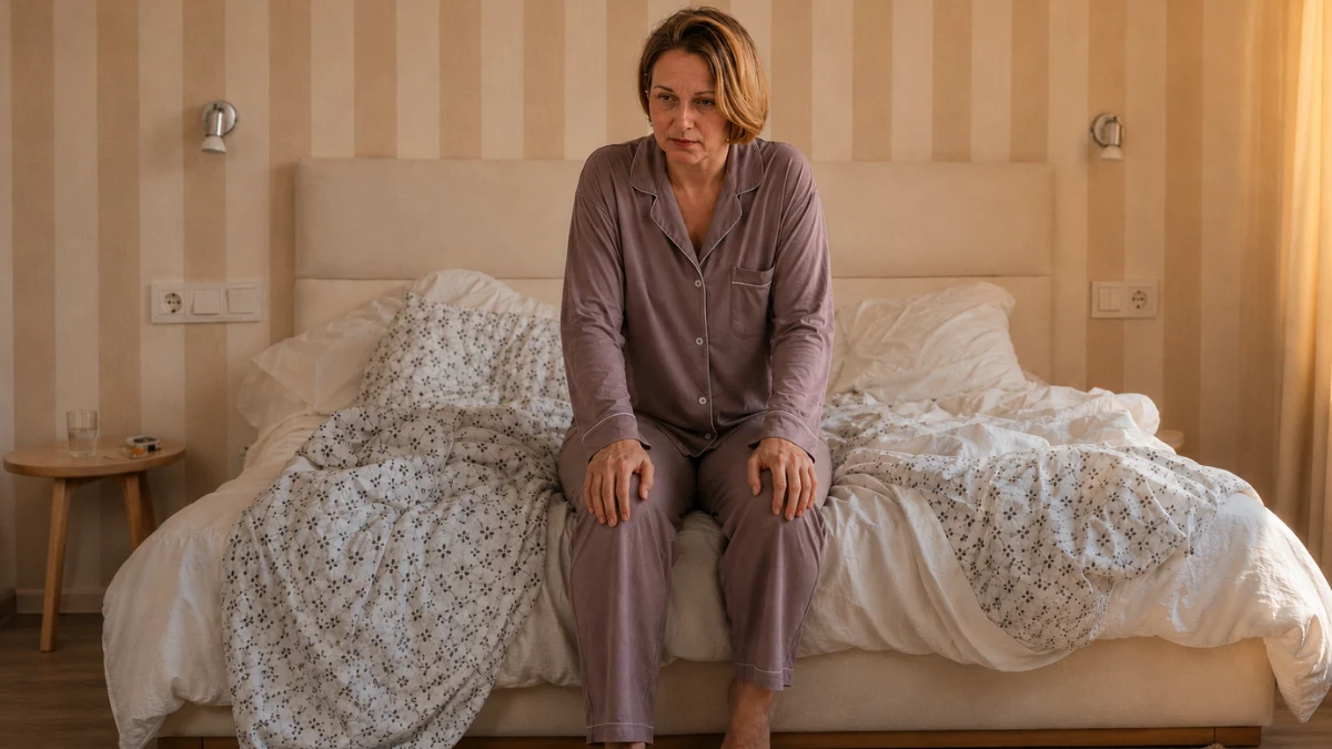Woman in her 50s sitting at edge of bed in pajamas in early morning light, too tired to start her day.