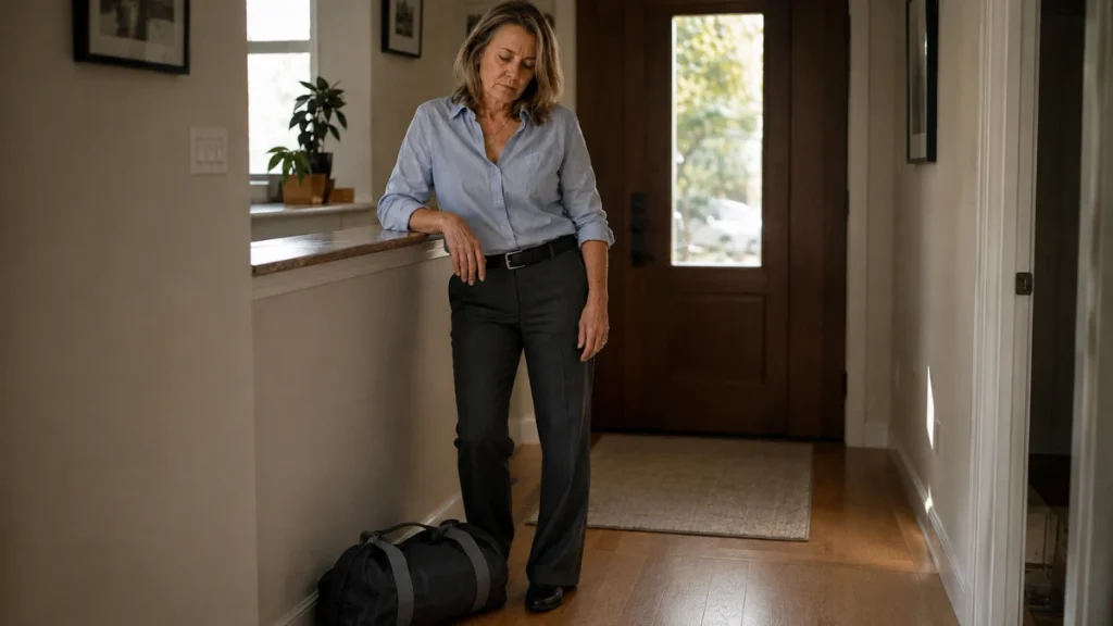 Woman in her 50s in work clothes staring at unpicked gym bag on entryway floor after a long day.