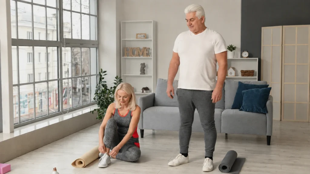 Couple in their 50s in living room after morning workout, woman lacing trainers beside rolled yoga mats.